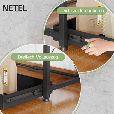 Регульована мікрохвильова полиця NETEL 2-ярусна, полиця над мікрохвильовою піччю, підставка для мікрохвильовки, кухонна полиця для стільниці, полиці для випічки, кухонна полиця з тримачем для напоїв та кошиком, чорна, висувна 40-60 см (3-ярусна з 2 тримач