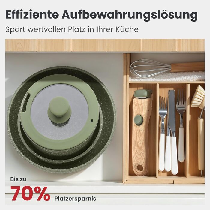 Набір посуду Dishdelight з антипригарним гранітним покриттям та знімними ручками, індукційні каструлі та сковороди з кришками, зелений колір