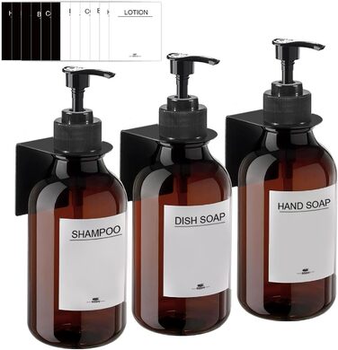 RISAKOGO Soap Dispenser Wall Mount No Drilling, 3-Piece Set 500ml Soap Dispenser Wall Brown Shampoo Dispenser Shower Dish Soap Dispenser Shampoo Dispenser for Kitchen Bathroom