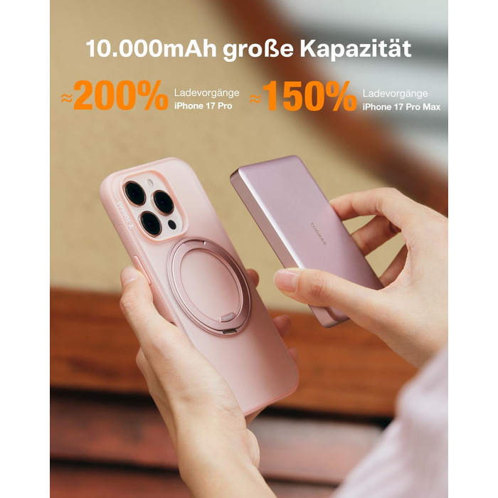Портативний зарядний пристрій TORRAS MiniMag MagSafe, 10000mAh, 22.5W, з магнітним кріпленням, рожевий. Power Bank для iPhone 17 Pro Max/Air/16/15/14/13/12, Wüsten Titan.