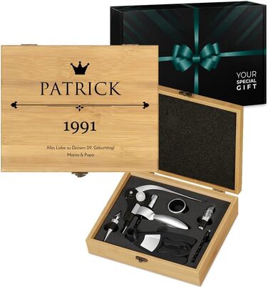 Maverton Wine Opener Set Personalized Wine Set Sommelier Set - Gift Box Wooden Box + 6-Piece Wine Accessory Set - Made of Bamboo - Brown - Birthday Gift for Men - (King)