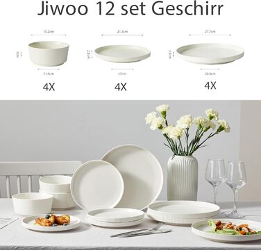 Набір посуду Jiwoo для 4 осіб (12 предметів): тарілки, супові миски, десертні тарілки - Bone China, сучасний дизайн, безпечно мити в посудомийній машині та використовувати в мікрохвильовці