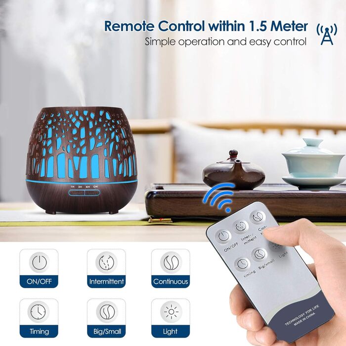 Аромадифузор Simpeak 400мл, ультразвуковий, дерев'яний, для ефірних олій, з пультом керування, зволожувач повітря, дерев'яний дизайн