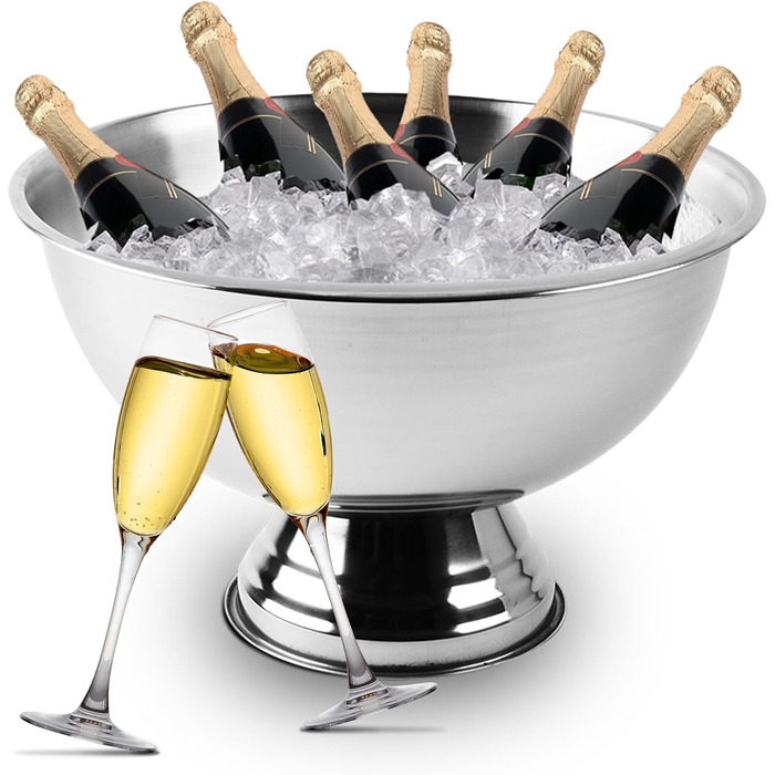 Stainless steel ice bucket design, 40 cm diameter, champagne bowl for up to 6 bottles – bottle cooler for the exquisite enjoyment of champagne, sparkling wine, wine, spirits, and beer (40, silver polished)