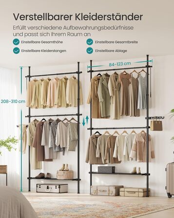 SONGMICS Telescopic Rod Clothes Rack, 3-Tier Wardrobe, Height and Width Adjustable, Open Closet with 2 Clothes Rods and Removable Shelf, Gripper Arm, Matte Black HSR136B01
