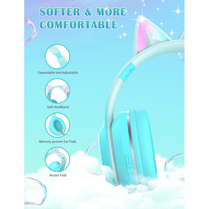 Бездротові навушники Bluetooth для дітей з LED-підсвіткою, котячими вушками та мікрофоном, HD стерео звук, складні, регульоване наголов'я, для дівчаток, PC/Tablet/навчання/школу (зелені)
