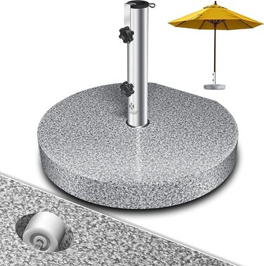 KESSER® Granit Parasol Stand with Stainless Steel Tube, High-Quality Round Base Stand 30KG - for Umbrella Poles up to 16-48 mm, Incl. Transport Handle Garden Balcony Parasol Stand, Grey