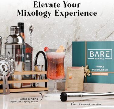 Bare Barrel Mixology Bartender Set - 14 Piece Cocktail Shaker Set with Recipes - Home Bar Accessories & Gift Set