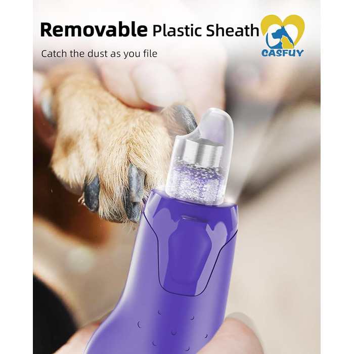 Електричний точилка для кігтів собак Casfuy - 6 режимів, 45 dB, з LED-підсвіткою, для великих, середніх та маленьких собак, з захистом від пилу (білий, фіолетовий)