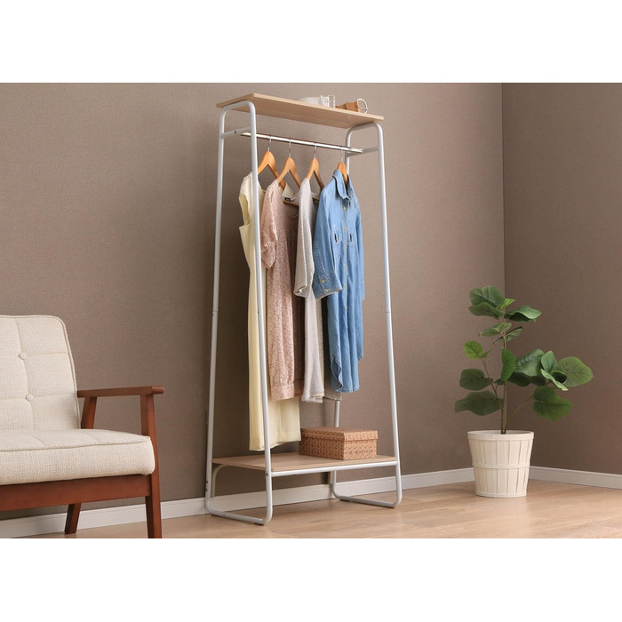 Iris Ohyama Clothes Rack with Wooden Shelves, 4 Levels, White, Modern Design, Robust Frame, Non-Slip, For Bedroom, Studio, Closet, Clothes & Shoes, Laundry Rack, Easy Assembly, (White, Shelves 2)