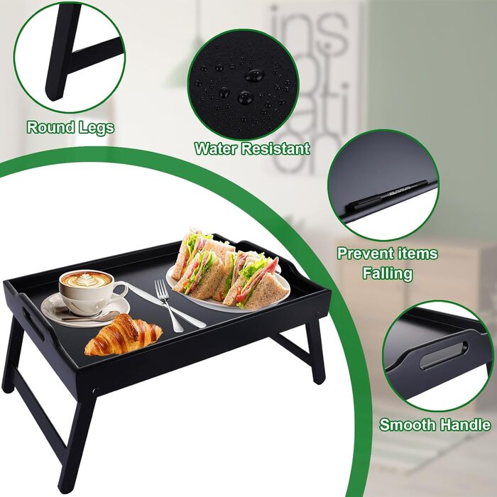 Бамбуковий столик SHUESS для ліжка та дивана, чорний, з відкидними ніжками, 41,5 x 30 x 20,5 см, для сніданку, роботи, сервірування