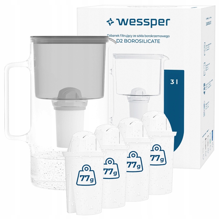 Скляний фільтрувальний глечик Wessper D2 BOROSILICATE 3л, сірий + 5 фільтрів