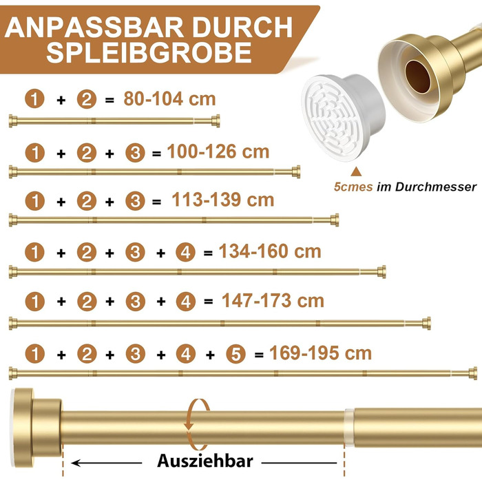 Штанга для штор без свердління AIZESI телескопічна, для ванної, вікна, шафи, діаметр 22 мм, 80-195 см (золота)