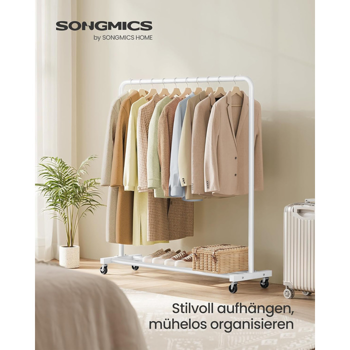 SONGMICS Кільцева вешалка для одягу на колесах, біла, до 50 кг, 38 x 110 x 141,5 см, HSR016BH01