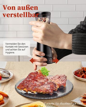 Електричні мельниці для солі та перцю 2 шт. з нержавіючої сталі, акумуляторні, з LED-підсвічуванням, регульоване керамічне подрібнення, щітка для чищення