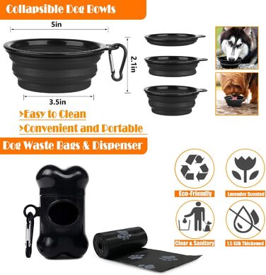 Нашийник для собак Anti-Zug Set з повідком та лінійкою | З авто-ремнем безпеки, складаними мисками та диспенсером для відходів | Для собак маленьких та великих порід | Ідеально для прогулянок, тренувань та подорожей XL Чорний