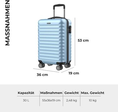 Ручна поклажа валіза Upfly XS 55x36x19 см, 31 л, ABS, 4 подвійні колеса, кодовий замок, жорсткий чемодан із роздільником і ременями, синя