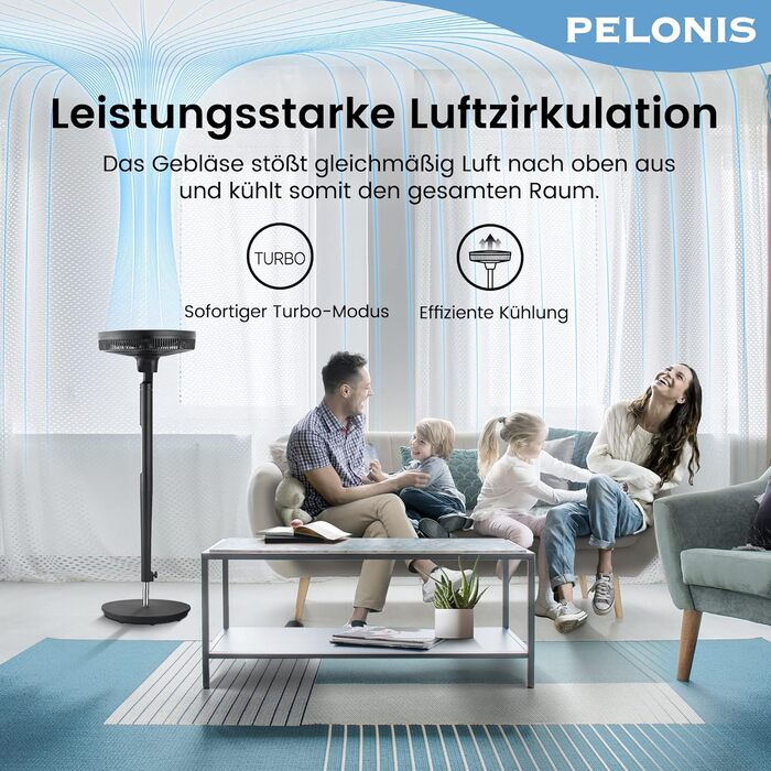 Турбовентилятор PELONIS з пульт дистанційного керування, дисплеєм, 3D циркуляцією, 36.5dB, 10м повітряний потік, регульована висота 60/111см, 4 режими з таймером, знімний захист, поворотний, 76см, оранжевий