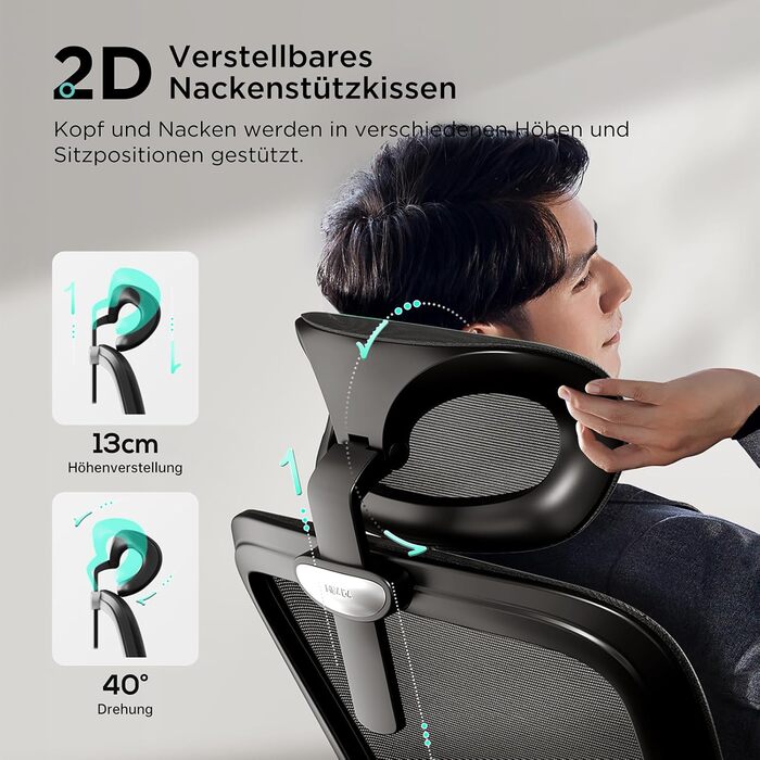 Hbada P2 Air Ergonomic Office Chair with 3D Lumbar Support, Adjustable Mesh Chair, 3D Armrests, Headrest & Comfortable Seat - Home Office Desk Chair, Black