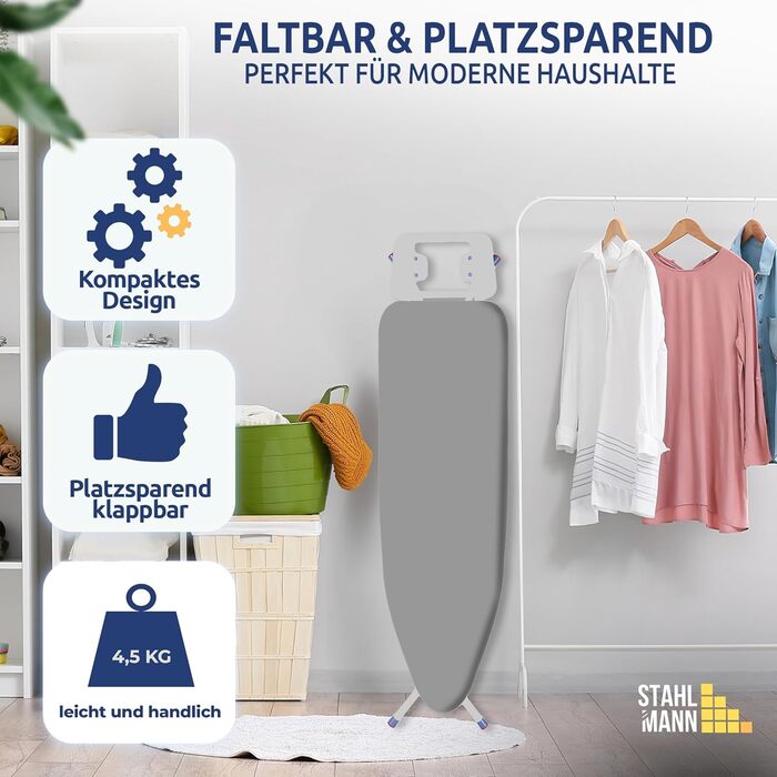 Відпарювальна дошка STAHLMANN® 114x34 см сірого кольору з неслизькими ніжками – міцна та стабільна – Made in EU