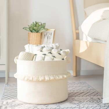 CherryNow Large Woven Storage Baskets – 40.6 x 33 cm Cotton Rope, Decorative Basket for Kids' Rooms, Toys, Blankets, and Laundry, Cute Tassel, Kids Room Decoration