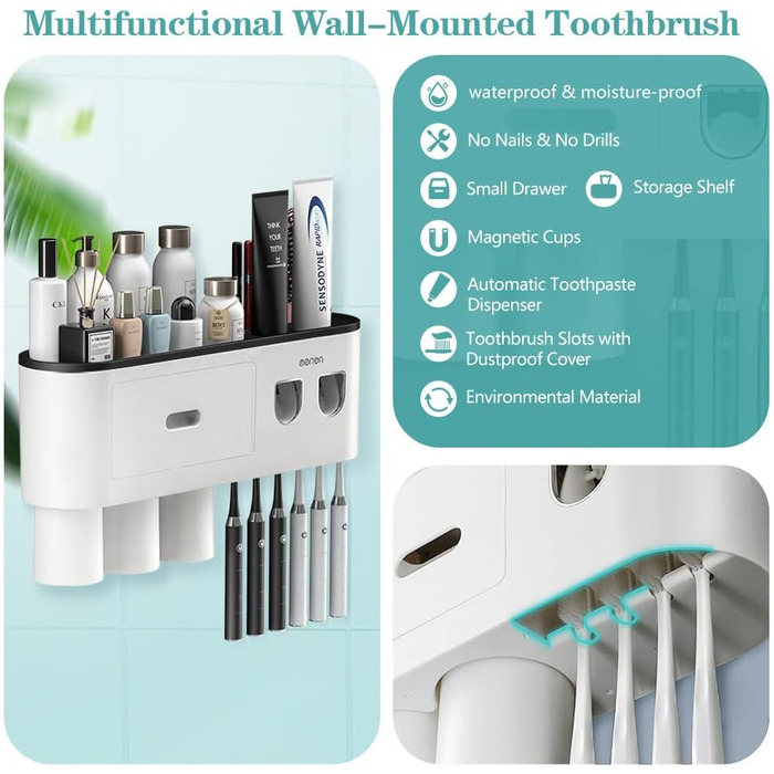 Wall-Mounted Toothbrush Holder with 2 Automatic Toothpaste Dispensers, 6 Toothbrush Slots, 3 Magnetic Cups, 1 Storage Drawer, and Large Storage Shelf