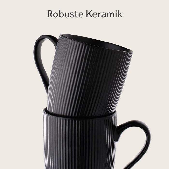 Coffee Mugs 6-Piece Set Modern Black - Unique Stripe Pattern - Matte Ceramic - Microwave Safe - Dishwasher Safe & Comfortable Handle