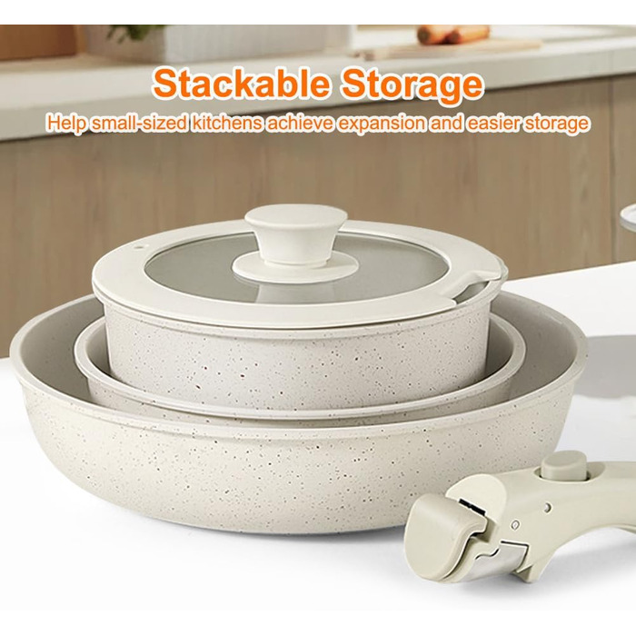 Набір каструль та сковорідок 5 шт. з знімним ручками, антипригарне покриття, підходить для індукційних плит, духовки та всіх типів плит