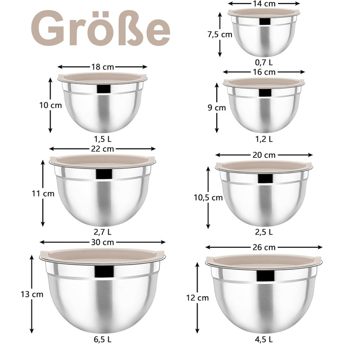 Homikit Mixing Bowls, 7-Piece Stainless Steel Bowl Set with Airtight Lid, Stackable Salad Bowl for Cooking/Baking/Serving, Dishwasher Safe, 6.5/4.5/2.7/2.5/1.5/1.2/0.7L, Khaki