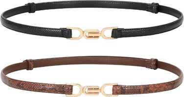 Жіночий тонкий шкіряний ремінь WHIPPY 2 шт. з золотою пряжкою, 105 см, для талії до 95 см (чорний+коричневий, шкіра змії, 8057)