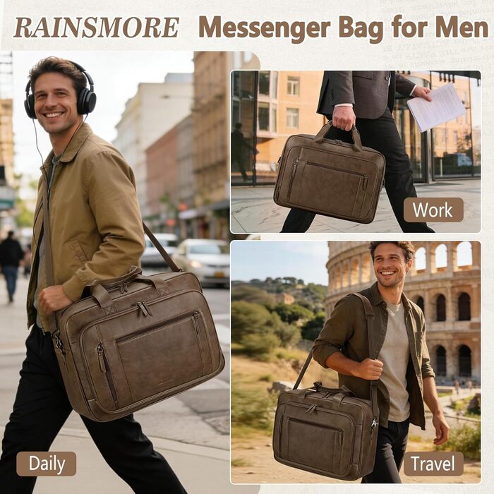 Сумка для ноутбука RAINSMORE чоловіча вінтажна шкіряна 16
