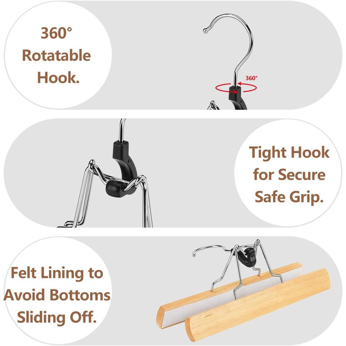 Дерев'яні вішалки для штанів AMKUFO з кліпсами (12 шт.), протиковзні вішалки для спідниць, фіксатори для штанів, надійні дерев'яні вішалки з поворотним гачком 360° (натуральне дерево)
