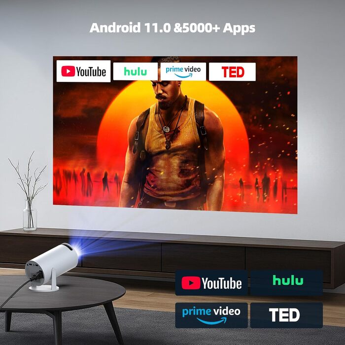 4K Міні проєктор Smart Beamers з WiFi 6, Bluetooth 5.0, поворотний 220°, Android 11.0 для дому та дітей. Підтримка HDMI, TV-Stick, USB, Laptop. Роздільна здатність 6-720p