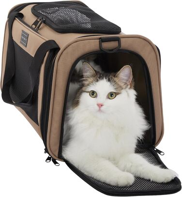 Транспортна переноска для котів та маленьких собак Petsfit, легка сумка-переноска для собак та котів, підходить для авіаперельотів, з захисним ременем та розкладною матрацом, S/Khaki