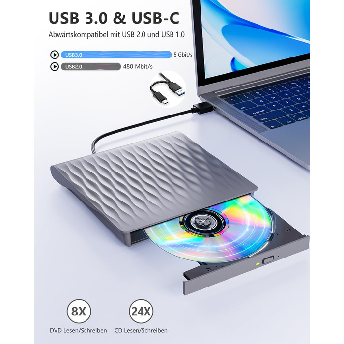 Зовнішній DVD/CD привід DANGZW USB 3.0 Type-C, портативний DVD-брунер та плеєр для ноутбука та ПК, сумісність з Windows, MacOS, Linux (сірий)
