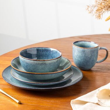 GBHOME Набір посуду з кераміки, 24 частини (12-ти та 24-ти місний), ручної роботи, реактивна глазур, тарілки та миски, стійкий до сколів та тріщин, придатний для миття в посудомийній машині та використання в мікрохвильовці, білий колір (Ceylon Blau)