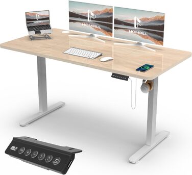 Регульований стіл Homall 140x60 см з USB-роз'ємом, комп'ютерний стіл для дому та офісу, ергономічний (білий)