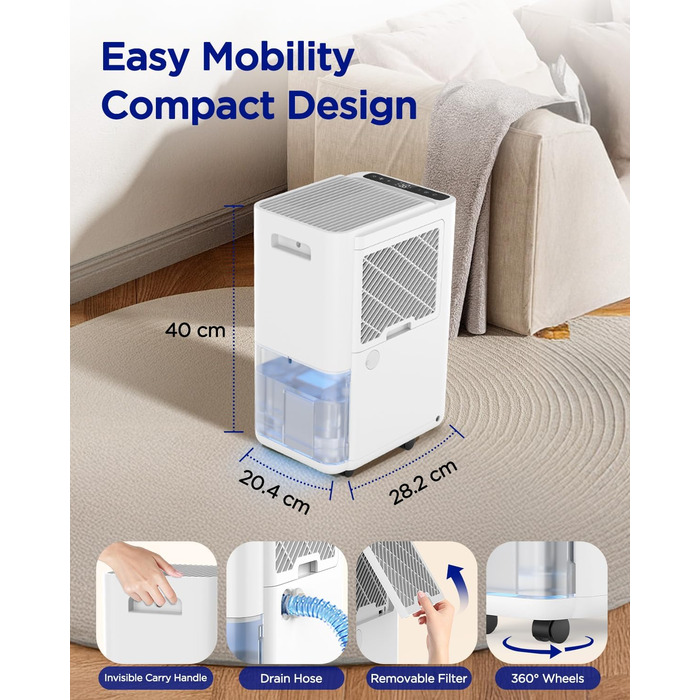 EasyAcc Електричний осушувач повітря 1200мл, 18л/день, тихий, портативний, з автовимкненням та режимом сну для дому та офісу (білий)