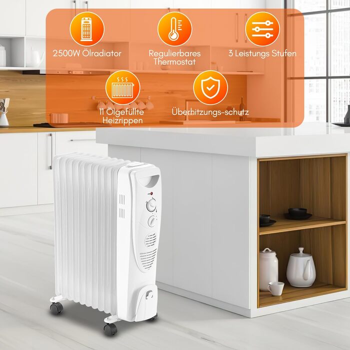 Масляний радіатор Fiqops 2500W з WiFi, термостатом та пультом, 11 ребер, 3 режими, захист від перегріву, чорний