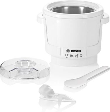 Bosch Kitchen Machine Series 4 MUM5XW20, 3.9 L Stainless Steel Bowl & MUZ5EB2, 550ml, Homemade Ice Cream, Sorbet, and Frozen Yogurt, White, Compatible with Kitchen Machine Series 4 White / Champagne 2-Piece Accessory Bundle with Ice Cream Maker