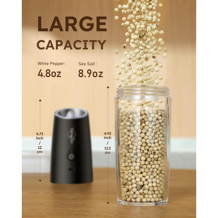Електричний набір для солі та перцю Sangcon Gravity, 255г, USB-зарядка, LED-підсвітка, регулювання помелу, автоматичний млин (чорний)