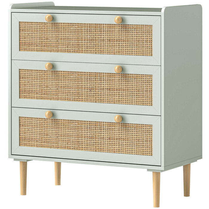 HOMCOM Bedside Table/Chest of Drawers with 3 Drawers, Sideboard with Boho Style, Rattan Look, Chest of Drawers for Living Room, Bedroom, Light Blue 80 x 40 x 87.5 cm | Aosom