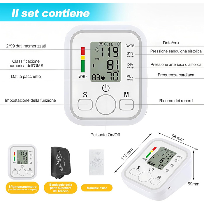 Тонометр на плече цифровий Oberarm, виявлення аритмії та вимірювання пульсу, велика манжета 22-36 см, 2 * 99 місця пам'яті