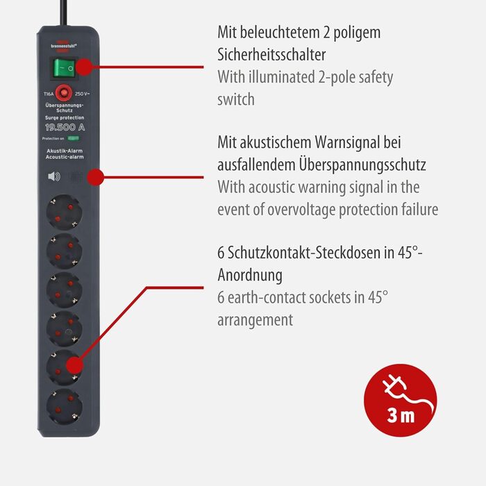 Бренненштуль Secure-Tec Мережевий фільтр 6-фазний з захистом від перенапруги та акустичним сигналом, 3м кабель, вимикач, антрацит