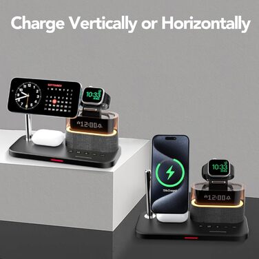 Багатофункціональний бездротовий зарядний пристрій 5 в 1 з годинником для Apple iPhone, Apple Watch, AirPods. Білий/Коричневий
