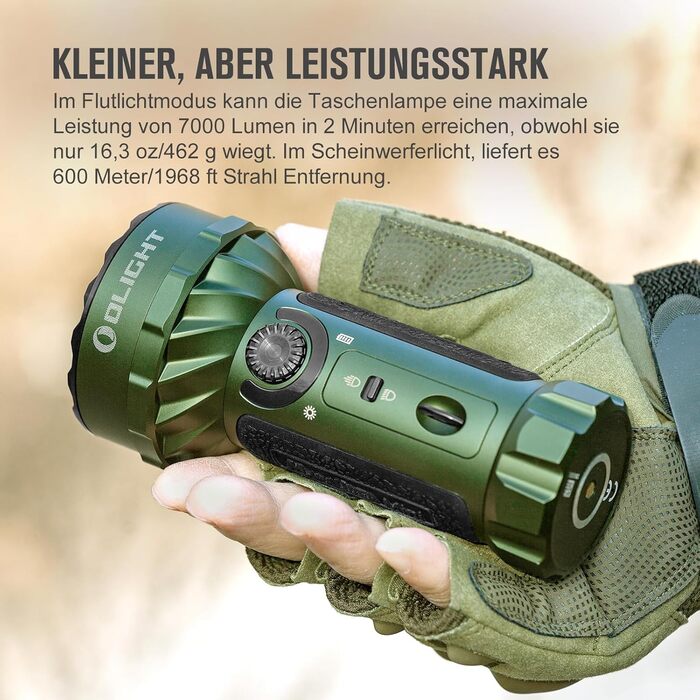 OLIGHT Marauder Mini LED ліхтар Super Hell 7000 Lumen, 600 метрів, перезаряджається, з прожектором та розсіяним світлом, 3 кольори LED, датчик відстані, для активного відпочинку (зелений)