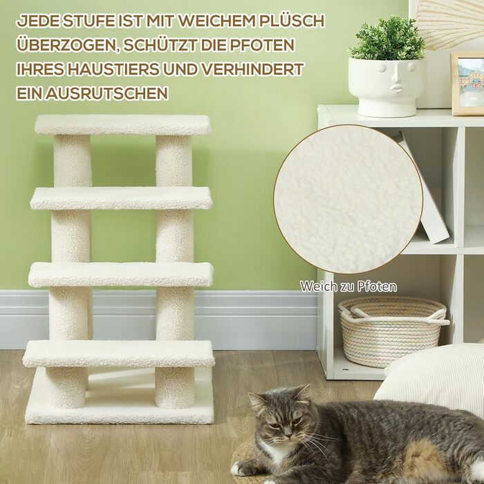 PawHut Pet Stairs Cat Stairs Dog Stairs Stairs for Cats and Dogs 4 Steps 63.5x43x60cm (Cream White)