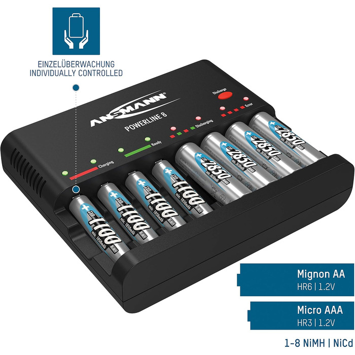 Зарядний пристрій Powerline 8 для акумуляторів AA/AAA з LED-дисплеєм, визначення дефектів та захистом від перевантаження (зарядний пристрій + 8 x 2850 акумуляторів)