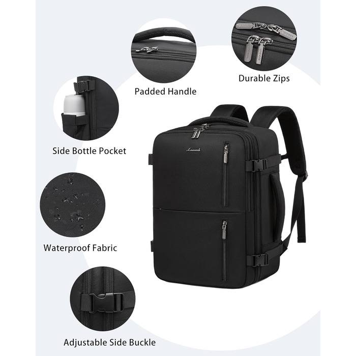 LOVEVOOK Рюкзак для подорожей, ручна поклажа, 40x30x20 см, 24л, для ноутбука 14/15.6 дюймів, чорний