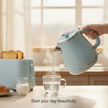 Електричний чайник MULIN Retro, 1.8 л, 2200 Вт, з поворотним підставою 360°, швидке кип'ятіння, автоматичне вимкнення (Блакитний)